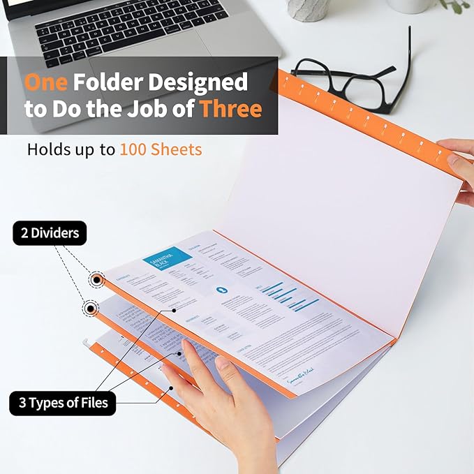 20 Pack * 3 Sections Hanging File Folders with 2 Dividers, 60 Pcs 1/5-Cut Adjustbal Tabs Included, Goefun Letter Size File Cabinet Organizer, 5 Color Assorted (No Built-in Tab on Divider)