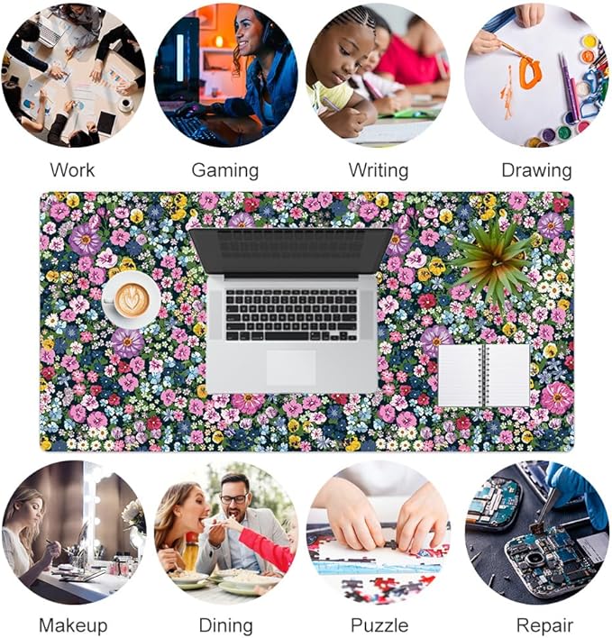 Colorful Star Large Mouse Pad, Floral Desk Mat Office Supplies, Waterproof Faux Leather Big Gaming Mousepad for Women Girls, Blooming Flowers Desk Pad Home Office Décor Accessories 31.5" x 15.7"