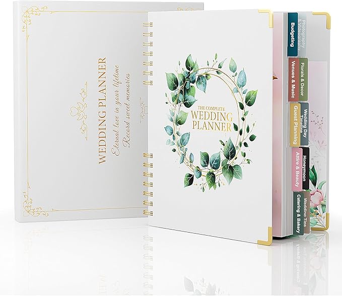 ABC life Wedding Planner Book and Organizer, 10 Sections Notebook Organizer for Bride, Engagement Gifts Binder Calendar with Colorful Stickers, Personalized Wedding Stuff, Green Leaf