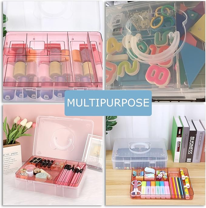 BTSKY 2-Tier Cute Bear Storage Box with Removable Divided Tray Portable Clear Plastic Art Craft Supply Organizer Stackable Home Office Supplies Storage Container for Pens Notes A4 papers etc (Pink)