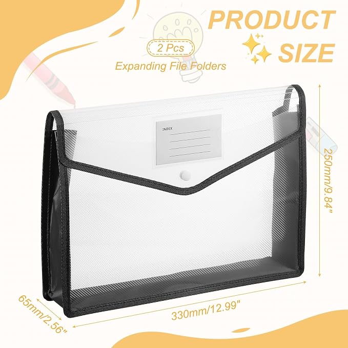 PATIKIL Plastic Expanding File Folders, 2 Pack A4 File Folder Envelopes Letter Size Document Organizer Supplies with Snap Closure for Classroom Office, Black, Horizontal
