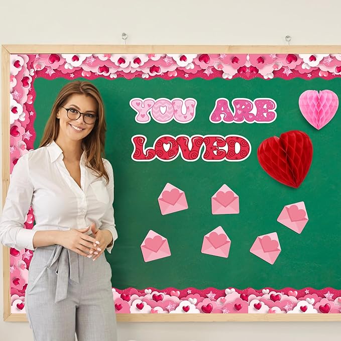 Fuutreo 53 Pcs You are Loved Tree Bulletin Board Classroom Decorations Set Heart Honeycombs Cutouts with Glue Points Envelope Pink Bulletin Border for School Home Wall Wedding Indoor Supplies
