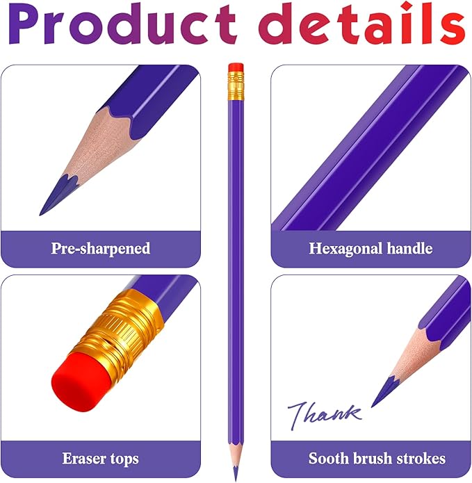 Zhanmai 24 Pieces Purple Pencils with Eraser Pre Sharpened Wooden Erasable HB Checking Pencils with Erasable Tops for Writing Drawing Checking Coloring Tests Grading Map Coloring Editing Office Favors