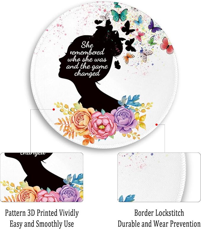 Gctriki Round Mouse Pad, Cute Butterfly Flower Mousepad for Laptop Gaming Women, with Stitched Edge Non-Slip Rubber Base, Feminist Inspirational Quote Mouse Pad, Home Office Decor Desk Accessories