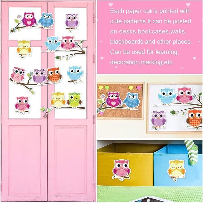 AnyDesign 54 Pcs Back to School Cutouts with 120 Pcs Glue Points Colorful Owls Cut-Outs Name Tags Labels Bulletin Board Decoration for Classroom Kindergarten First Day of School Decorations