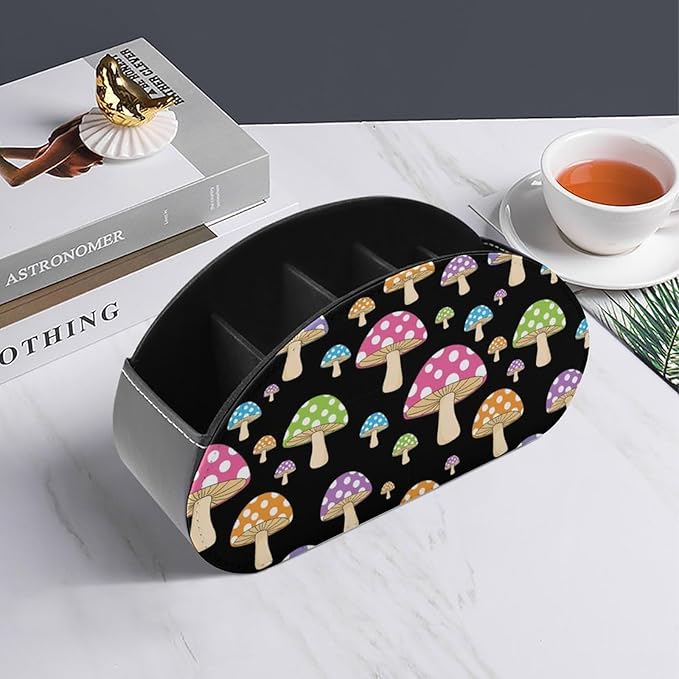 PU Leather Remote Control Caddy, 5-Slot Organizer for Bedside Table, Office Desk, and Living Room with Media Storage, Colorful Neon Mushroom