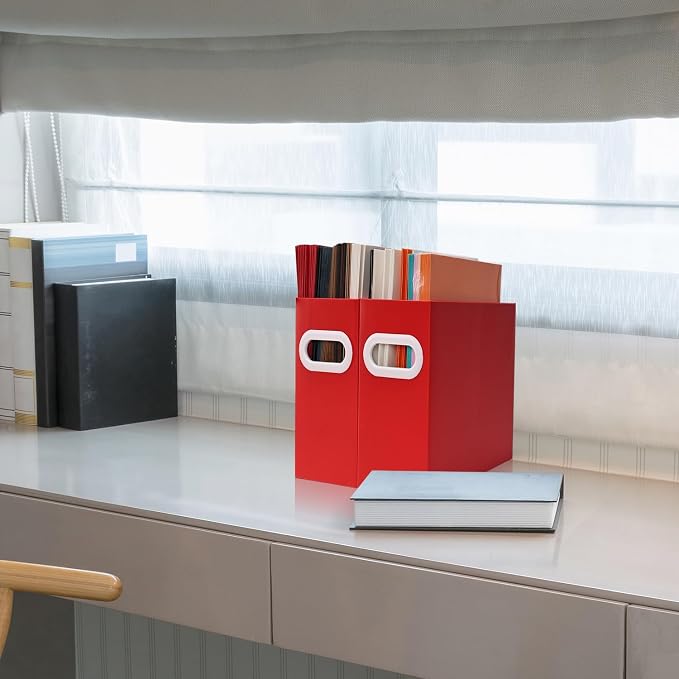 Collapsible File Organizer Box with Handle – Cardboard Hanging File Folder Storage Crate for Desk, Office, School, or Home – Colorful Portable Filing Box, Document Organizer, Magazine Holder