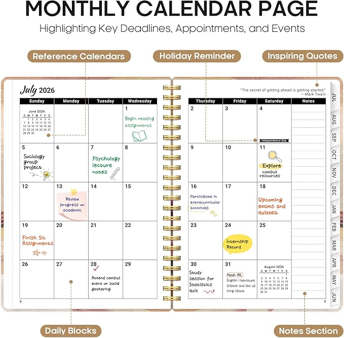 Planner 2026-2027, Academic Year Monthly and Weekly Calendar Planner, Jul 2026 - Jun 2027, Hardcover Teacher Student Planning Agenda book with Tabs, Perfect for School Office Supplies, 6.3" x 8.5" - Landscape