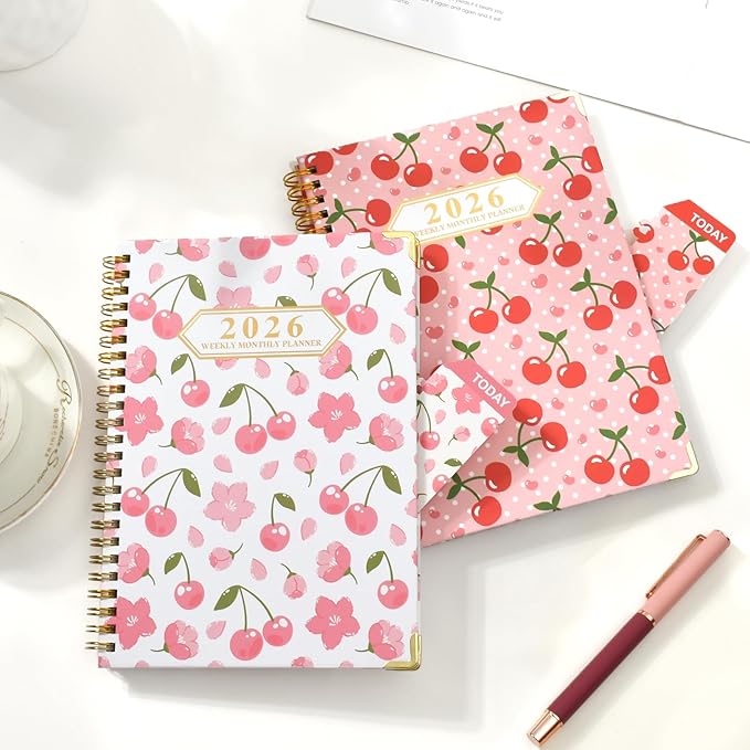 2026 Monthly Planner, Jan.2026 - Dec.2026 Weekly Monthly Planner 6.25"x8.5" with Page Tabs, Calendar Hardcover with Inner Pocket, Elastic Band, Twin-Wire Binding, Bookmark, Cherry Polka Dots