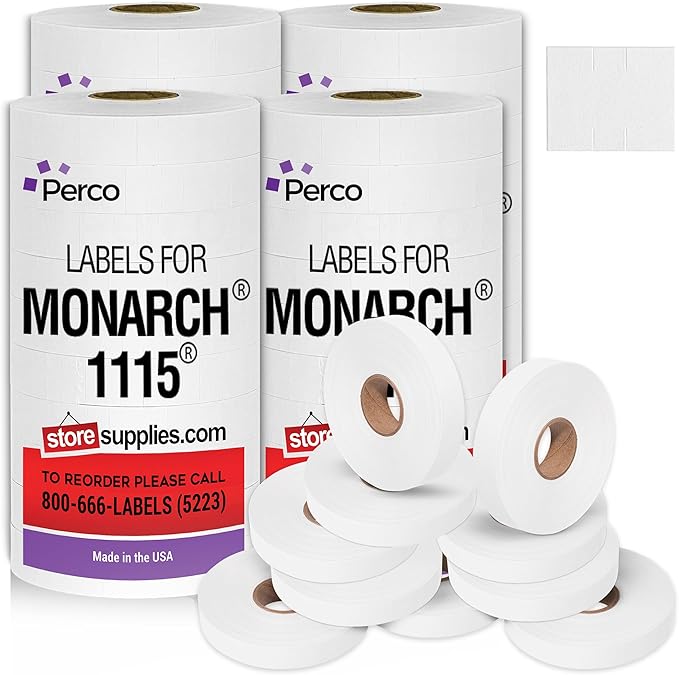 Perco White Pricing Labels for Monarch 1115 Price Gun, 4 Sleeves - 60,000 Price Marking Labels - with Bonus Ink Rolls