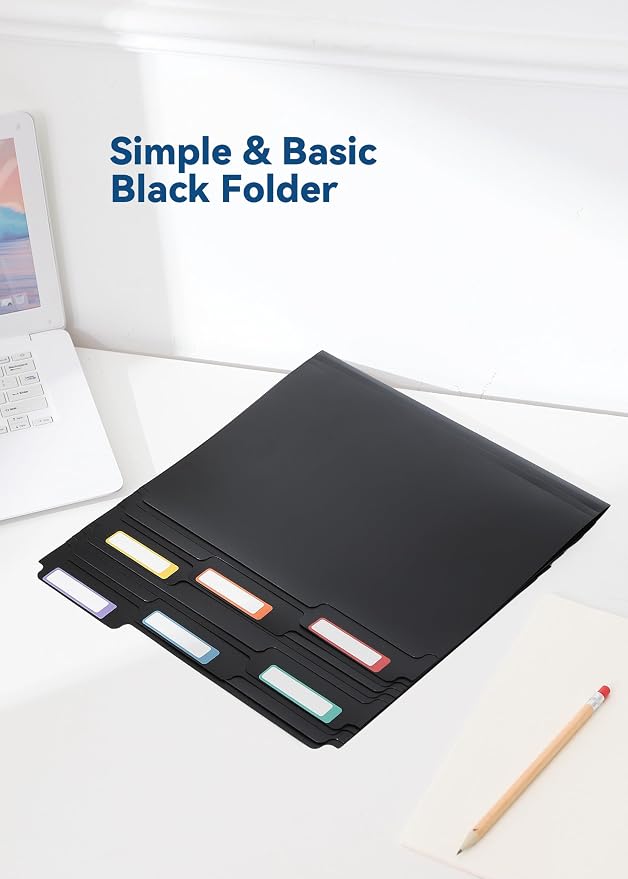 SortRax Plastic Manila Folders 8.5 x 11, 12 Pack, Poly Black File Folders, 1/3-Cut Tabs with Colorful Labels, Letter Size