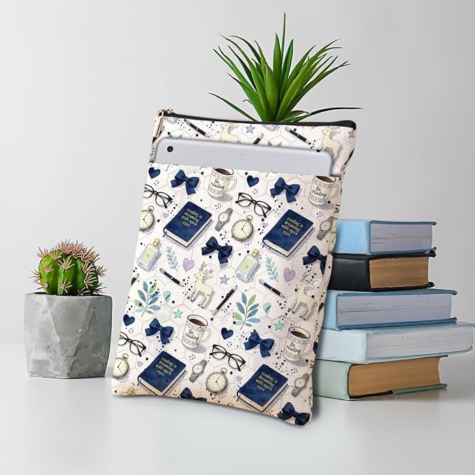 Cute Stationery Pattern Book Sleeve, Book Lovers Gifts Sleeve with Zipper & Front Pocket, 11.4x8.8 Inch Canvas Books Cover Protector Bookish Gifts for Readers Librarian Women Teacher