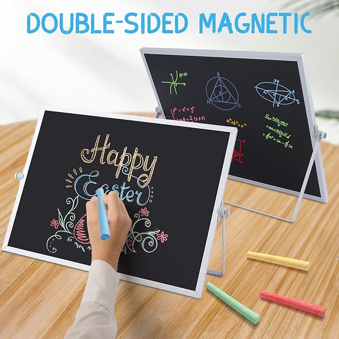 Small Magnetic Chalk Board Easel 16"X12", Double-Sided Tabletop & Wall Hanging Chalkboard with 4 Chalks & Eraser, Desktop Mini Black Board Sign for Office Desk Home Menu and School