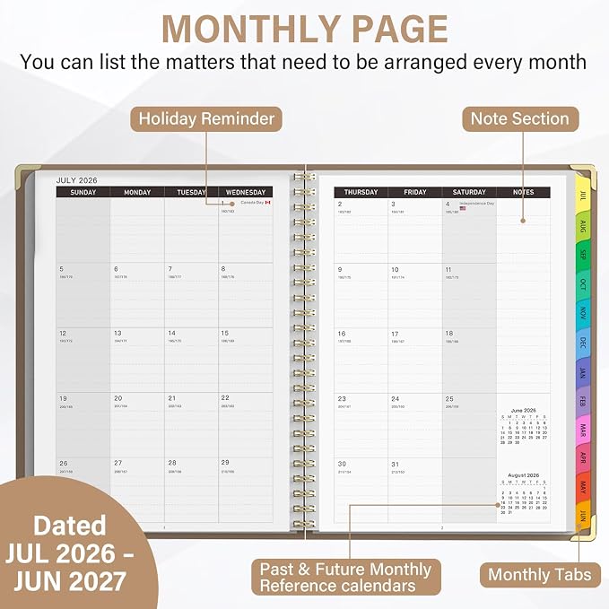Planner 2026-2027, A4 Hardcover Weekly and Monthly Calendar Planner from July 2026 - June 2027, 8.5" x 11" Daily Agenda with Monthly Tabs, Spiral Bound, Inner Pocket, Cute Journal Organizer Notebook for Office School-Pink Bow
