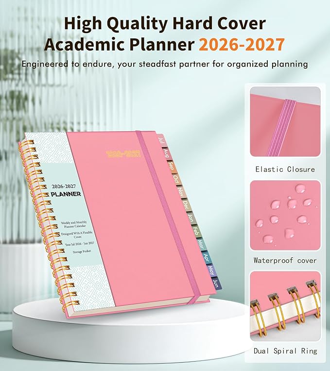 Academic Planner 2026-2027, Weekly and Monthly Calendar Planner from July 2026 - June 2027, 6.1" x 8.2" A5 Large Daily Agenda Book with Tabs, Flexible Cover, College School Organizer for Student Teacher,Pink