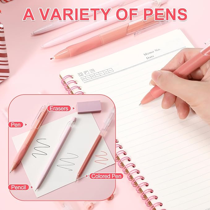 Eersida 74 Pcs Aesthetic School Supplies with Large Pencil Pouch 5 Ink Gel Pens 12 Highlighters 6 Mechanical Pencils 0.5mm 9 Color Pens 4 Note Pads Set for Student Stationary(Pink,Cute Style)