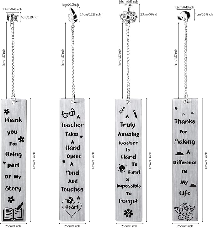 Zonon 4 Pcs Metal Bookmarks End of Year Teacher Gifts Graduation Book Page Marker with Pendants Thank You Gifts for Teacher Appreciation Women Instructor Birthday Reading Lovers Office(Stylish Style)