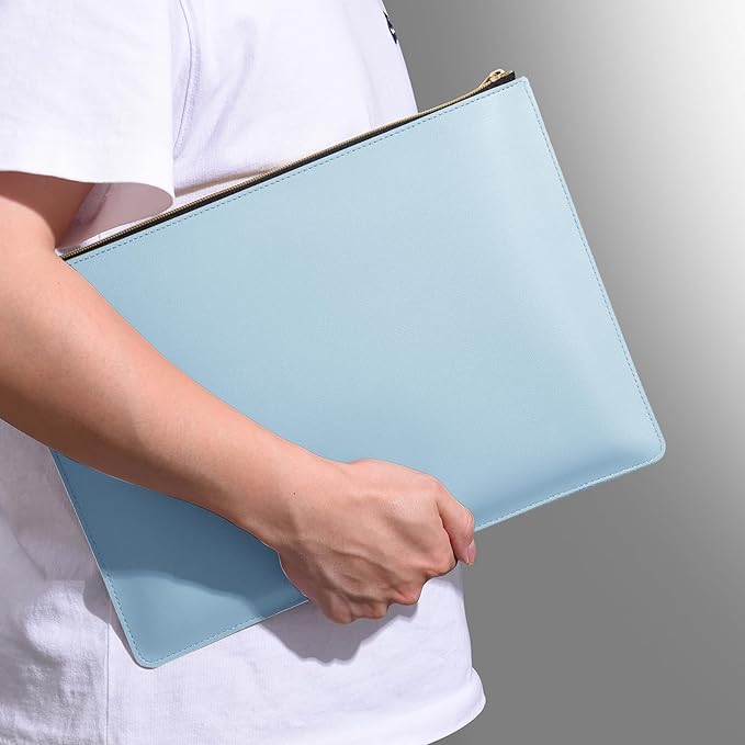 Enyuwlcm PU Leather A4 File Folder Zipper Document Holder Envelope Folder Case for Receipt Contract (1, Light Blue)