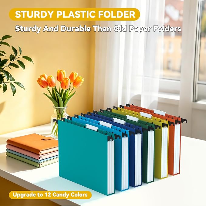 1" Expanding Plastic Hanging File Folders Letter Size,12 Pack Reinforced Heavy Duty Hang Folder with Tabs,Colored Hanging Organizer for File Box,Office Filing Cabinet Folder for School/Home