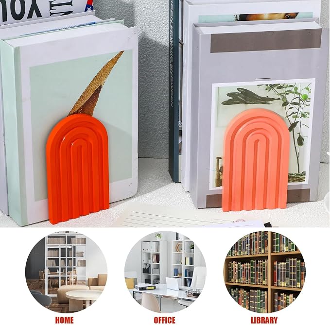 Harloon 4 Pcs Boho Arch Wooden Bookends, Decorative Rainbow Book Stoppers with Non-Slip Metal Base, 5x3x4 Inches, Cute Shelf Decor for Heavy Books, Home Office Study Desk Organizer(Vintage Color)