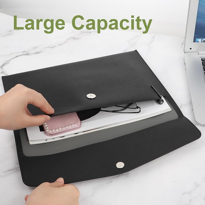 COMNICO Document File Folder, 1Pcs PU Leather A4 Envelope Folder Expanding File Organizer Waterproof Portfolio Black Storage Case with Invisible Magnetic Closure