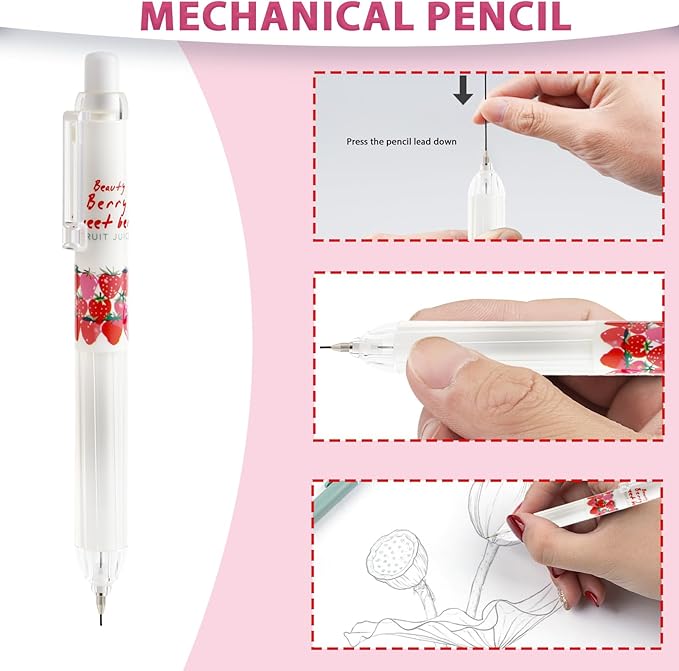 Cute Strawberry Pens Set Include Kawaii 0.5mm Strawberry Mechanical Pencil,Mechanical Pencil Lead Refills,Erasers,Gel Pens,Stickers,Strawberry Stationery Set for Office School Supplies