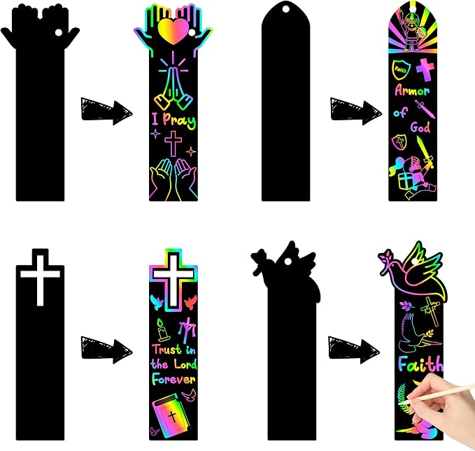 CY2SIDE 60PCS Religious Scratch Bookmarks, DIY Crosses Rainbow Color Paper Cards Craft Kits for Christian Sunday School Church, Easter Magic Art Project for Vacation Bible Classroom