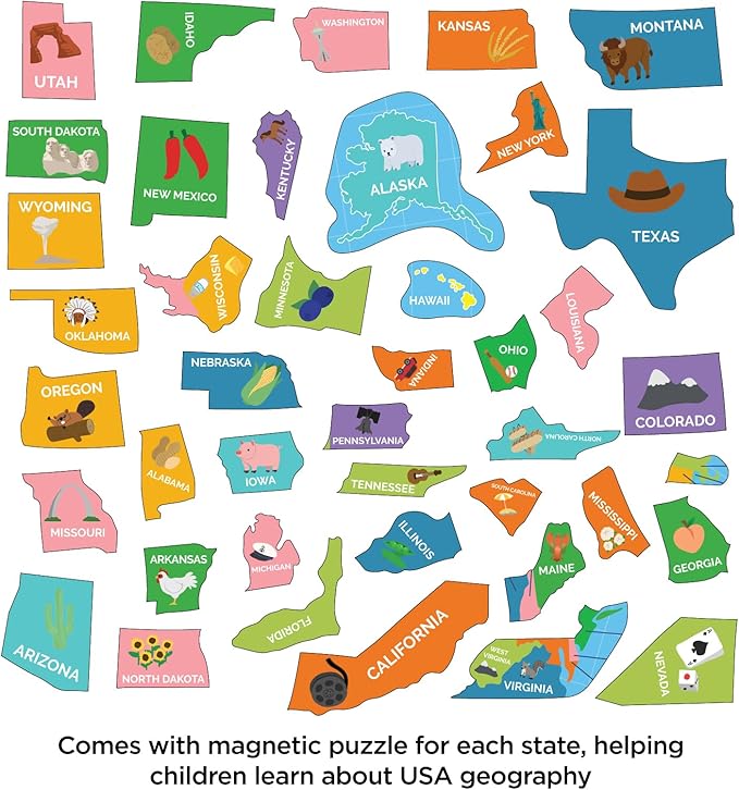 COMIX Magnetic Dry Erase Board, Educational Jigsaw Puzzle Board for Kids, 26" x 17" Adhesive 42 State USA Map Puzzle for Kids at Home Student Classroom