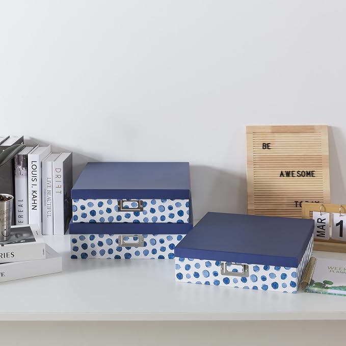 Soul & Lane Blue Spots Decorative Storage Boxes with Lids, Set of 3 Memory Boxes for Keepsakes, Nesting Letter Cardboard Document Storage for Organizing, Photos, Scrapbook