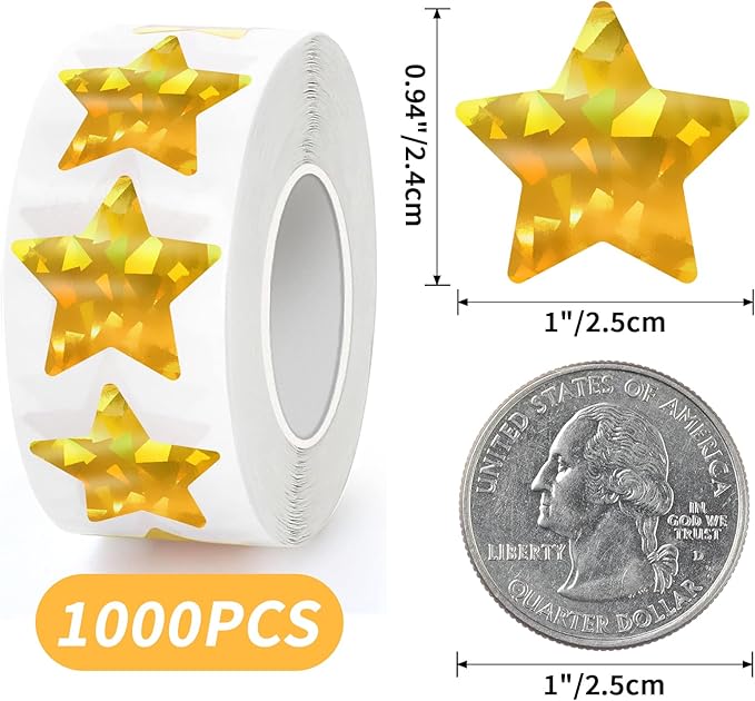 1000 Pcs Holographic Gold Star Stickers, 1 Inch Sparkly Foil Stars for Kids Reward, Self Adhesive Metallic Shiny Labels for Teacher Classroom Supplies, Student Behavior Chart