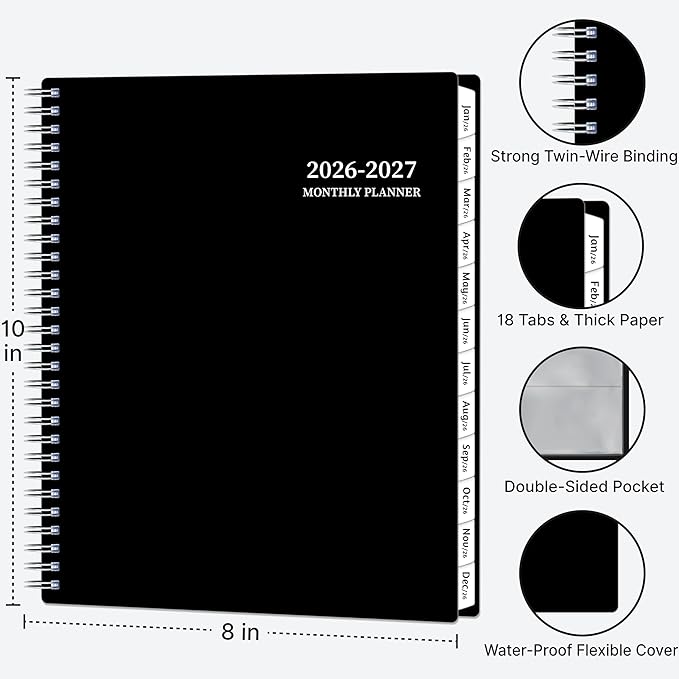 2026-2027 Monthly Planner, 18 Monthly Calendar Planner, January 2026 - June 2027, 8’’ x 10’’, 2026 Spiral Agenda with Tabs ＆Pocket, Flexible Cover, Organizer Notebook for Office Home School, Black