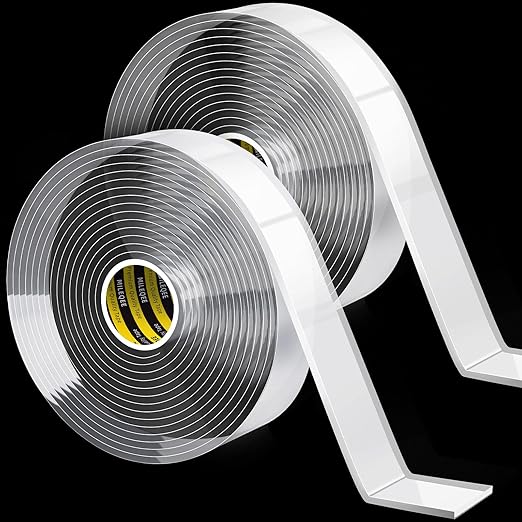 2 Pack Double Sided Tape Clear, 0.59inx9.84ft (Total 19.68FT), Universal 2 Way Mounting Tape, Two Sided Adhesive Heavy Duty Sticky Glue Strips, Wall Tape Transparent