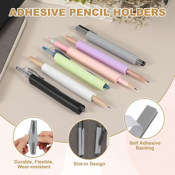 PATIKIL 3 Pcs Adhesive Pencil Holders, 105mm Long Universal Pencil Clip Silicone Pen Holder Office Pen Organizer for Desk Wall Clipboard Notebook Tablet Case Stylus, Purple/Pink/White