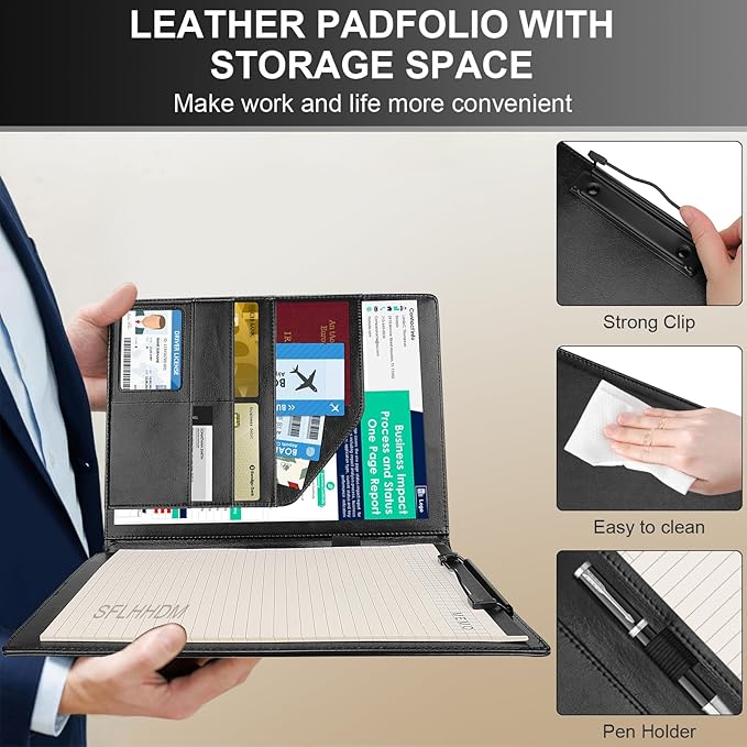 Clipboard Padfolio with Storage Pocket,Clipboard Folder Portfolio Organizer,360 Degree Foldable Clipboards with Refillable Notepad,Faux Leather Padfolio Organizer for Office School Supplies-Dark Black