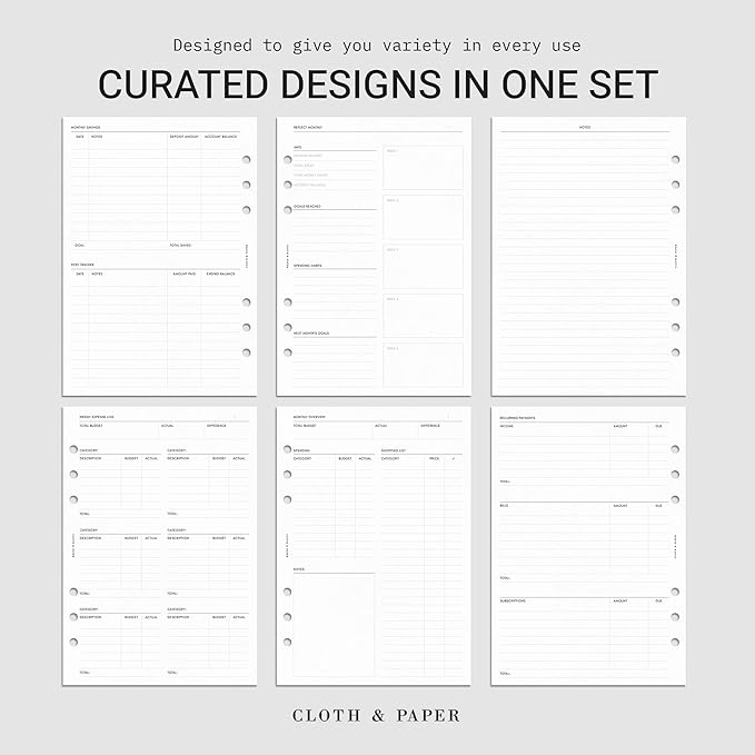 Cloth & Paper Financial Planning Inserts – A5 Size, 6-Ring Planner Refill – 60 Pages (30 Double-Sided) for Budgeting, Savings, Recurring Payments & Expense Tracking – Minimalist Finance Organizer