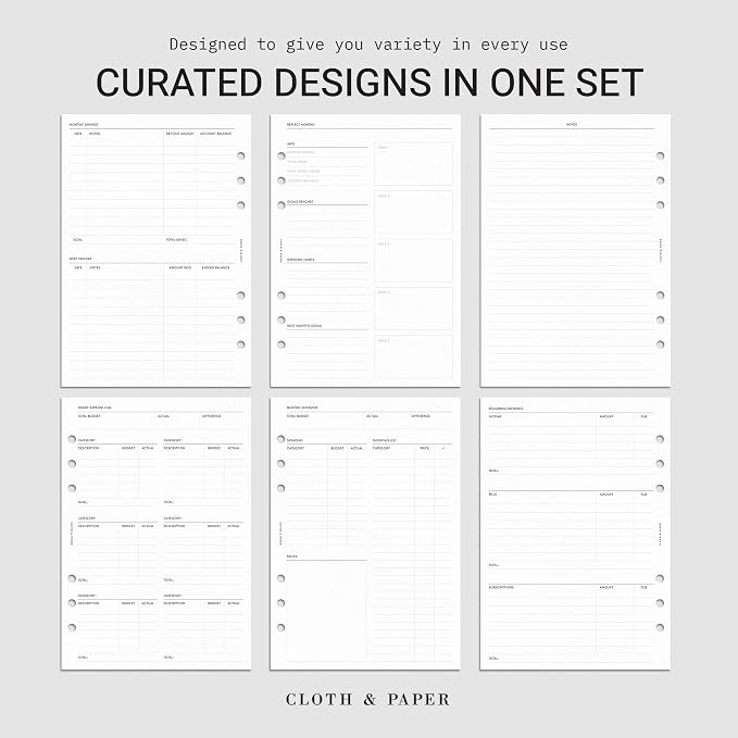 Cloth & Paper Financial Planning Inserts – Personal 6-Ring Planner Refill – 60 Pages (30 Double-Sided) for Budgeting, Savings, Recurring Payments & Expense Tracking – Minimalist Finance Organizer