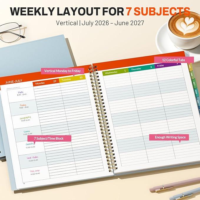 SUNEE Teacher Planner 2026-2027 Academic Year, 7 Periods Lesson Plan Book Jul 2026 - Jun 2027, 8.5"x11" Daily Weekly Monthly Organizers Vertical Layout with Calendars, Bookmark, Waterproof Cover, Blue