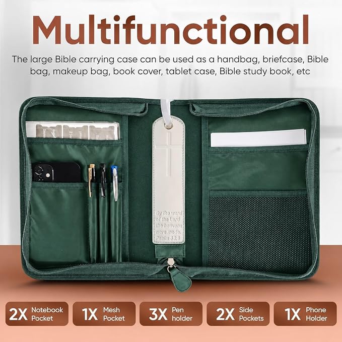 Bible Cover (U.S. Patent Pending), Discreet & Elegant Bible Case, Green PU Leather Bible Cover, Cross Design Bible Bags, Strong and Sturdy Book Case, Includes Premium Bookmark