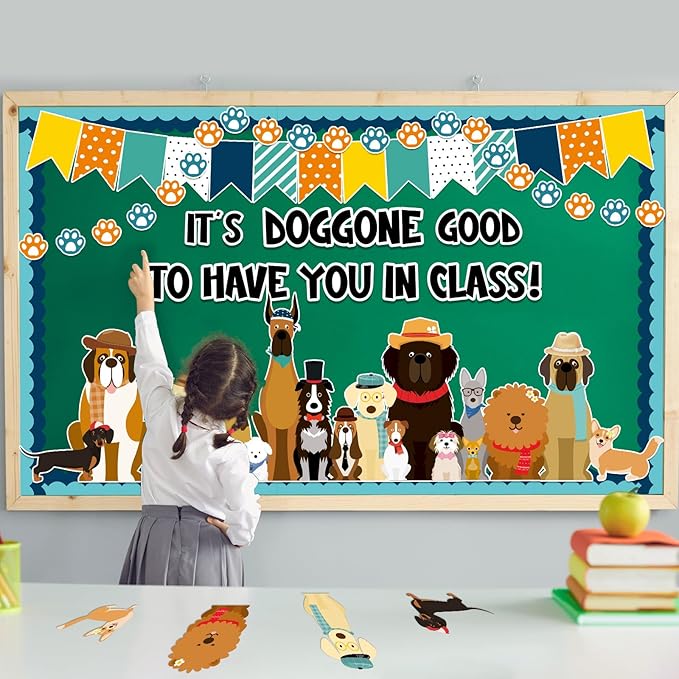 Justforjoyful 80Pcs Pet Dog Bulletin Board Classroom Decorations Set Puppy Cutouts Paw Bulletin Board Boarder Pet Dog theme Decoration Wall Decor Chalkboard Welcome Back to School Supplies