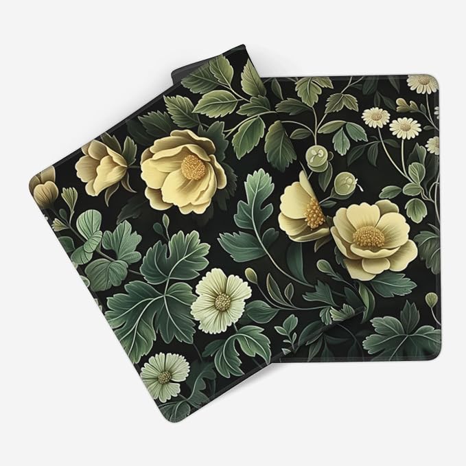 35.4" x 15.7" Dark Botanical Floral Extended Mouse Pad, Vintage Yellow Flower & Green Leaf Desk Mat with Non-Slip Base, Water Resistant for Gaming & Office