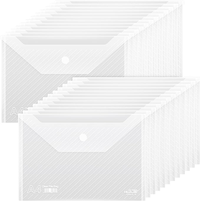 24 Pack, Plastic Envelopes – Transparent Waterproof Reusable File Folders for A4 Letter Sized Documents, Receipts, Photos & Office/School Use (24)