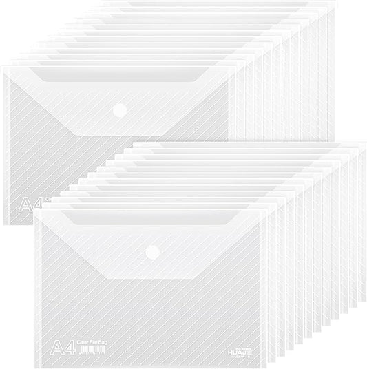 24 Pack, Plastic Envelopes – Transparent Waterproof Reusable File Folders for A4 Letter Sized Documents, Receipts, Photos & Office/School Use (24)