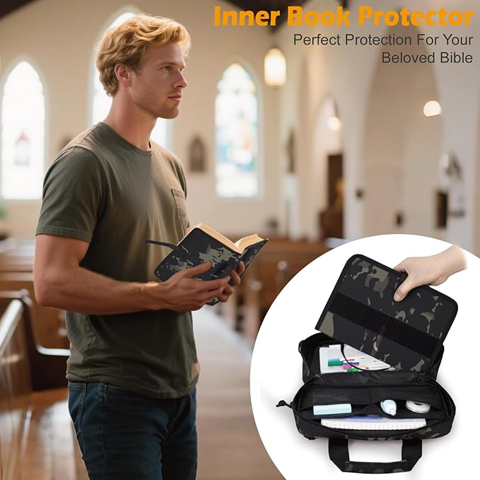 ATRIPACK Tactical Large Bible Cover for Men,Double Layer Bibles Bag With Detachable Book Carrying Case, Covers for Bible Organizer with Zippered Pockets,Church Case with Handle.