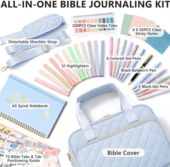 Bible Cover Case for Women, Large Bible Bag Bible Study Supplies Accessories Journaling Kit with Highlighters Tabs, Quilted Book Carrying Cases with Shoulder Strap, Christian Easter Gifts for Women