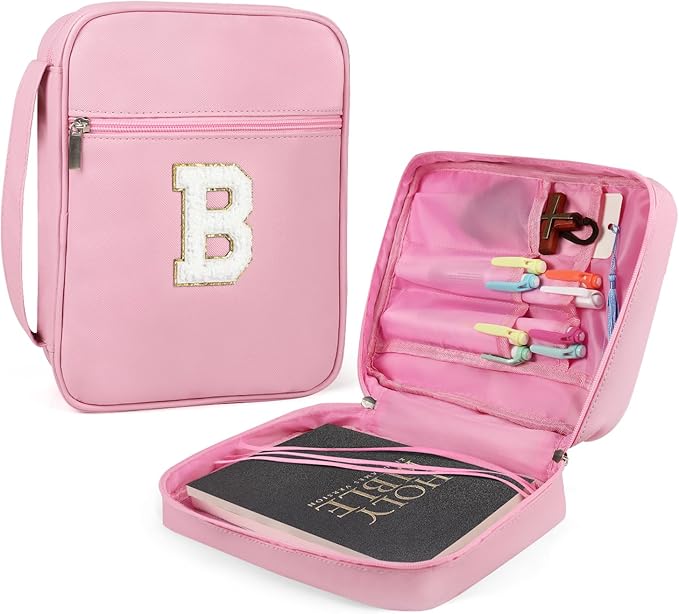 Bible Covers for Girls, Fruobeyla Pink Bible Cases for Woman PU Leather Bibles Carrying Case for Women, Large Bibles Tote Bags with Handle and Zippered Pocket for Kids, Pink (Letter B)