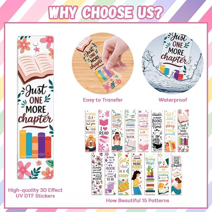 Peacoblue 30pcs UV DTF Bookmarks Transfer Stickers Wraps Reading and Book Lovers for Women Men Reading, Waterproof Bookmarkers Decal(No Blank Bookmarks) for Acrylic Plastic Metal Blank Bookmark