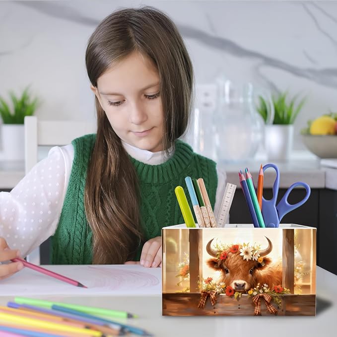 Rustic Floral Highland Cow Pen Holder for Desk, Gifts for Highland Cow Lovers Pencil Organizer, Farmhouse Heifer Wooden Box Sign Desk Decor for Girl Nursery Home Office Decoration
