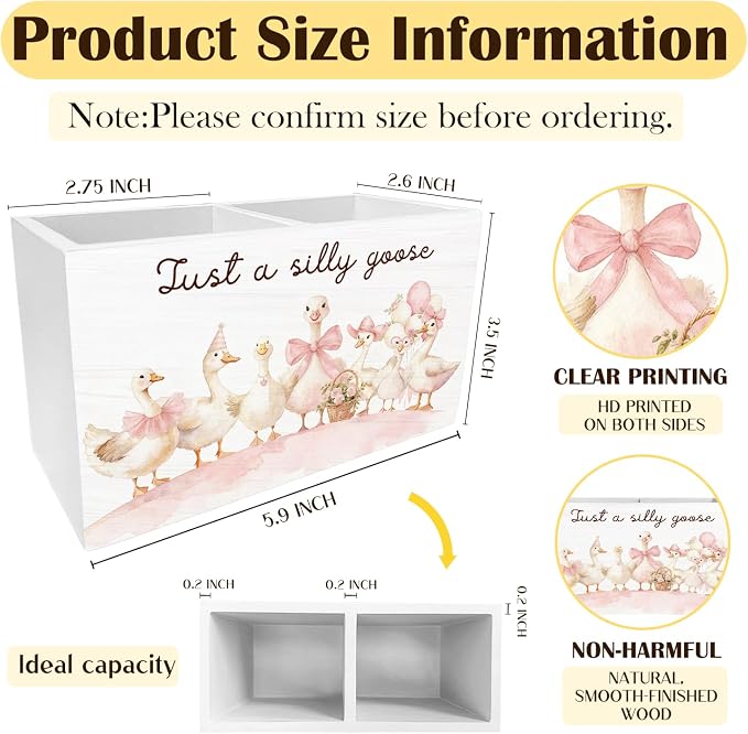 Coquette Pink Bow Geese Pen Holder for Desk, Goose Gifts Pencil Organizer, Preppy Pink Floral Cute Geese Wooden Box Sign Desk Decor for Girls Nursery Home Office Decoration