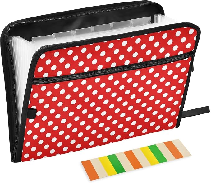 ALAZA Polka Dot Red White 13 Pocket Expanding File Folder with Labels, Accordion File Folder File Organizer Letter A4 Paper for Office School Student