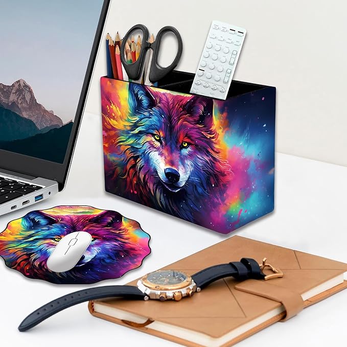 Pen Holder and Anti-Slip Mouse Pad Combination, Makeup Brush Storage Box, Tableware Storage Box, Suitable for Office and Home - Colorful Space Wolf